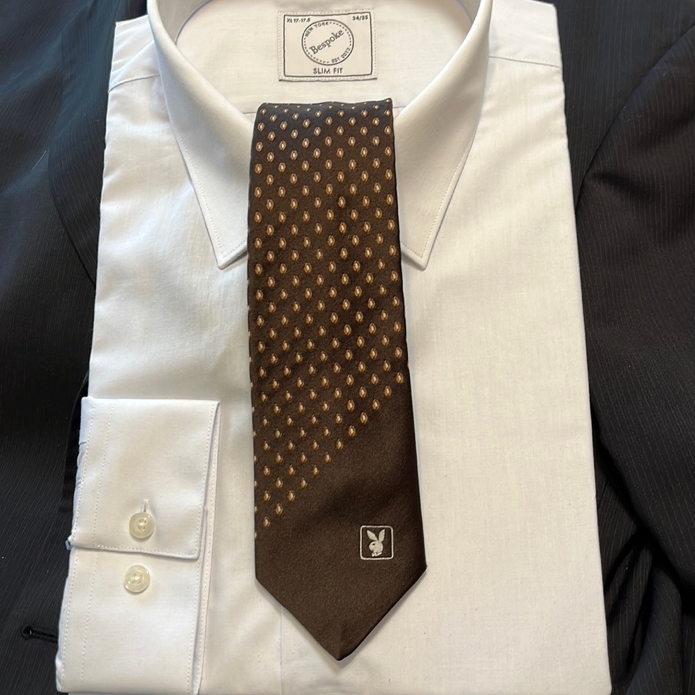 M/M Playboy vintage polyester narrow brown tie with small white and tan dots